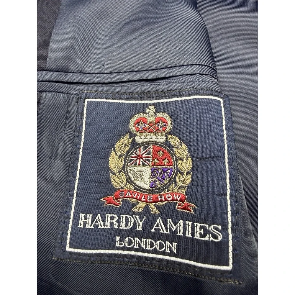 Hardy Amies London 42R Blue Wool Twill 2-Piece Suit 3-Button Flat Front